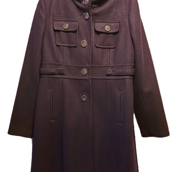Kenneth Cole Plum Wool Coat | Military Style, Size 12, Satin Lined Button Detail - Picture 2 of 6